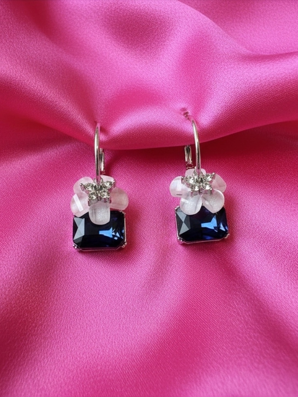 Elegant Navy Crystal Flower Drop Earrings - Women Jewelry‎